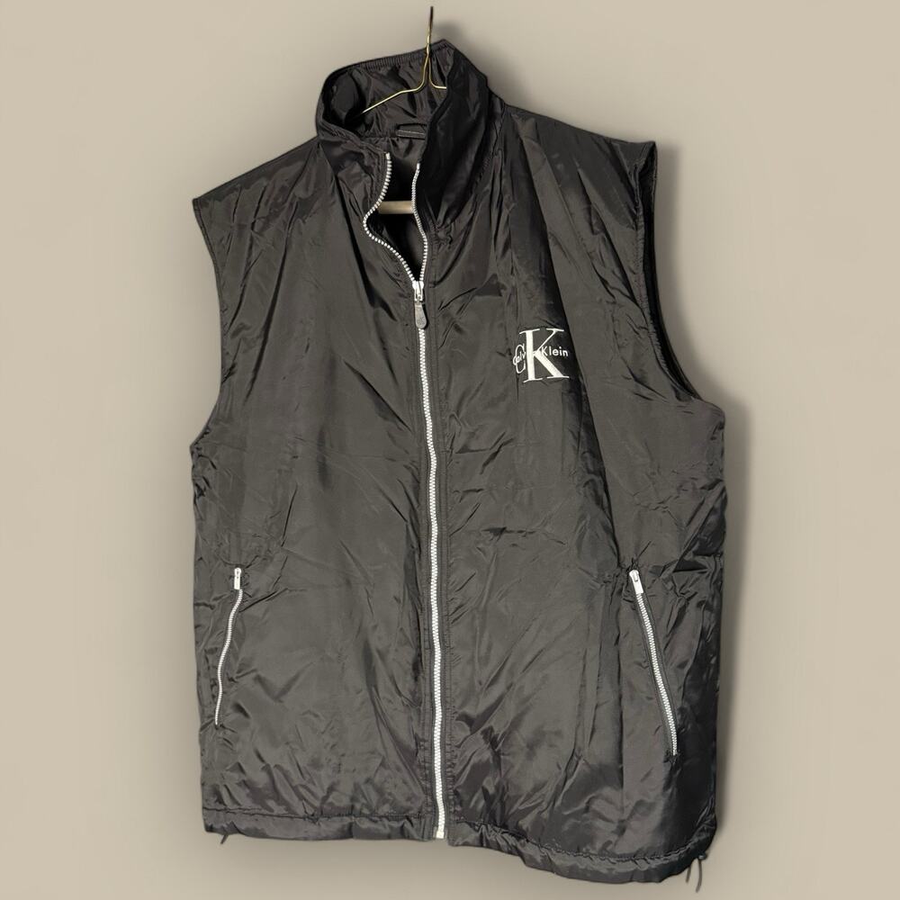 Calvin Klein Black Zip Up Nylon Windbreaker Vest Black Pocket Men's SZ L/XL Y2K